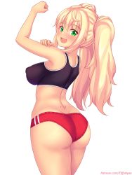 Rule 34 | 1girl, arm up, ass, black sports bra, blonde hair, blush, bras d&#039;honneur, breasts, buruma, commentary, covered erect nipples, dumbbell nan kilo moteru?, english commentary, fang, green eyes, highres, impossible clothes, large breasts, long hair, looking at viewer, looking back, nottytiffy, open mouth, patreon username, sakura hibiki, simple background, solo, sports bra, standing, twintails, watermark, web address, white background