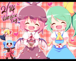 Rule 34 | 4girls, ayakashi (monkeypanch), bad id, bad pixiv id, blonde hair, blue hair, blush, bow, chocolate, chocolate covered, cirno, cookie, daiyousei, food, gift, green hair, hair bow, hat, heart, holding, holding gift, incoming gift, letterboxed, multiple girls, mystia lorelei, pink hair, red eyes, rumia, smile, team 9 (touhou), touhou, translated, valentine, wings