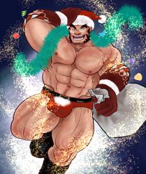 Rule 34 | 1boy, :d, absurdres, bara, belt, bulge, christmas, colored skin, foot out of frame, forked eyebrows, gradient skin, hachimaki, hairy, hand on own head, happy, hat, headband, highres, huge pectorals, large bulge, light particles, looking at viewer, male focus, mature male, muscular, muscular male, mutton chops, nejiri hachimaki, one eye closed, open mouth, red skin, sack, santa hat, short hair, smile, solo, sparse arm hair, sparse chest hair, sparse leg hair, sparse navel hair, strongman waist, taigaabozusukii, tajikarao (housamo), thick eyebrows, thick thighs, thighs, tokyo houkago summoners, topless male, tusks