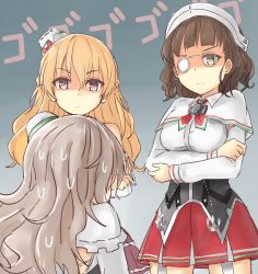Rule 34 | 10s, 3girls, azuhira, blonde hair, breasts, brown eyes, brown hair, capelet, commentary request, crossed arms, from behind, frown, glaring, glasses, hat, kantai collection, kneeling, long hair, looking down, miniskirt, multiple girls, pince-nez, pleated skirt, pola (kancolle), red skirt, roma (kancolle), shaded face, skirt, sweat, twitter username, wavy hair, zara (kancolle)