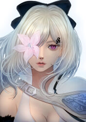 Rule 34 | 1girl, black bow, bow, breasts, cleavage, drag-on dragoon, drag-on dragoon 3, flower, flower over eye, hair bow, hair ornament, highres, medium breasts, mitsuki nite, parted lips, purple eyes, simple background, single bare shoulder, solo, upper body, white background, white hair, zero (drag-on dragoon)