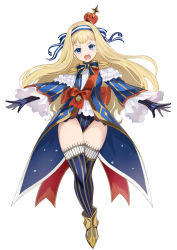 Rule 34 | 1girl, ankle boots, blonde hair, blue coat, blue eyes, blue leotard, blue thighhighs, boots, bow, bowtie, coat, crossed legs, crown, elbow gloves, epaulettes, ev (dai00888), frilled sleeves, frills, full body, gloves, hairband, highres, leotard, long hair, long sleeves, looking at viewer, mini crown, open mouth, original, sash, simple background, solo, standing, striped clothes, striped leotard, striped thighhighs, thighhighs, watson cross, white background, wide sleeves, yellow footwear