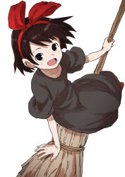 Rule 34 | 1girl, :d, absurdres, black dress, black eyes, blush, bow, broom, broom riding, brown hair, dress, hair bow, hairband, highres, kiki (majo no takkyuubin), looking at viewer, majo no takkyuubin, open mouth, red bow, short hair, simple background, sitting, smile, solo, studio ghibli, white background, yamamoto souichirou
