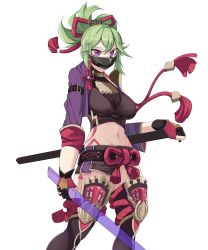 Rule 34 | 0m00n, 1girl, absurdres, black shirt, black thighhighs, breasts, commentary request, crop top, genshin impact, green hair, hair between eyes, highres, holding, holding sword, holding weapon, jacket, kuki shinobu, large breasts, looking at viewer, mask, midriff, mouth mask, navel, open clothes, open jacket, ponytail, purple eyes, purple jacket, scabbard, sheath, shirt, short hair, simple background, solo, stomach, sword, thigh armor, thighhighs, weapon, white background