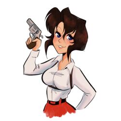 Rule 34 | 1girl, aiming up, artistic error, belt, black belt, blue eyes, blush, bob cut, breasts, brown hair, chest harness, collared shirt, commentary, commission, cropped legs, dress shirt, english commentary, eyelashes, from side, gun, gunsmith cats, hand on own hip, hand up, handgun, harness, highres, holding, holding gun, holding weapon, lips, long sleeves, looking at viewer, looking to the side, medium breasts, nose, parted lips, pink lips, rally vincent, red skirt, revolver, ruger sp101, shirt, short hair, short hair with long locks, sidelocks, simple background, skirt, smile, solo, upper body, veronicandjelly, weapon, white background, white shirt