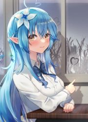 Rule 34 | 1girl, absurdres, ahoge, amane sora, blue bow, blue bowtie, blue hair, blush, bow, bowtie, breasts, closed mouth, collared shirt, commentary request, elf, flower, glass writing, hair between eyes, hair flower, hair ornament, half updo, heart, heart ahoge, highres, hololive, large breasts, long hair, long sleeves, looking at viewer, pointy ears, shirt, sideways glance, smile, solo, upper body, virtual youtuber, white flower, white shirt, yellow eyes, yukihana lamy