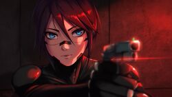 Rule 34 | 1girl, android, black hair, blue eyes, commentary, cz 75, elster (signalis), english commentary, gun, handgun, highres, holding, holding gun, holding weapon, laser, laser pointer projection, laser sight, looking at viewer, pistol, ranveld, short hair, signalis, solo, type-75 protektor, very short hair, weapon
