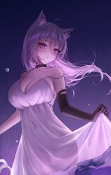 Rule 34 | 1girl, 1yu x, absurdres, animal ear fluff, animal ears, bare shoulders, black choker, black gloves, breasts, cat ears, choker, cleavage, dress, elbow gloves, gloves, highres, large breasts, long hair, looking at viewer, original, parted lips, purple eyes, purple hair, see-through, single glove, skirt hold, sleeveless, sleeveless dress, solo, strap slip, sundress, water, white dress