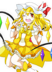 Rule 34 | 1girl, arms up, bad id, bad pixiv id, blonde hair, blush, boots, bow, brooch, cosplay, cure peace, cure peace (cosplay), double v, dress, embodiment of scarlet devil, fang, female focus, flandre scarlet, hat, hat ribbon, jewelry, kanemoto hisako, koumajou densetsu, koumajou densetsu 2, one eye closed, open mouth, precure, red eyes, ribbon, shorts, shorts under skirt, side ponytail, skirt, smile precure!, solo, touhou, v, voice actor connection, white background, wings, wink, wrist cuffs, yellow bow, yellow dress, yellow shorts, yellow skirt, yellow theme, yukine