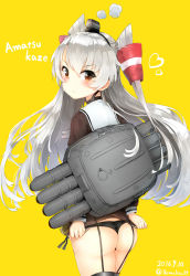 Rule 34 | &gt;:(, 10s, 1girl, 2016, adjusting clothes, amatsukaze (kancolle), angry, artist name, ass, bad id, bad pixiv id, black hat, black panties, brown eyes, brown shirt, character name, cowboy shot, dated, flat ass, from behind, frown, garter straps, hair tubes, hairband, hat, heart, highres, kantai collection, long hair, long sleeves, looking at viewer, looking back, mini hat, no pants, panties, sailor collar, see-through, shirt, shirt tan, silver hair, simple background, smoke, solo, somalisu, tan, tanline, thigh strap, twintails, two side up, underwear, v-shaped eyebrows, very long hair, yellow background