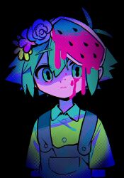 Rule 34 | 1boy, basil (omori), black background, black eyes, blood, blood on face, buttons, collared shirt, despair, dripping, flower, food, fruit, green eyes, green hair, grey overalls, hair flower, hair ornament, highres, looking at viewer, male focus, menma (enaic31), omori, overalls, shaded face, shirt, short hair, simple background, solo, watermelon