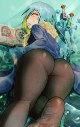 Rule 34 | 1boy, absurdres, androgynous, ass, black pantyhose, blue coat, blue hair, book, bottomless, clenched teeth, coat, feet, from behind, hair between eyes, highres, legs, long hair, long sleeves, looking at viewer, looking back, magic circle, male focus, ofu (71507545), ofu (pixiv71507545), open book, pantyhose, rimuru tempest, soles, solo, sweatdrop, teeth, tensei shitara slime datta ken, thighs, trap, yellow eyes