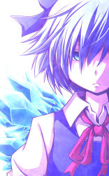 Rule 34 | &gt;:(, 1girl, blue dress, blue eyes, blue hair, blue ribbon, blue theme, cirno, close-up, commentary request, dress, frown, hair over one eye, hair ribbon, highres, ice, ribbon, shirt, short hair, simple background, solo, tottsuman, touhou, v-shaped eyebrows, white background, white shirt