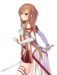 Rule 34 | 10s, 1girl, :o, armor, asuna (sao), braid, breastplate, brown eyes, brown hair, detached sleeves, half updo, highres, long hair, looking back, solo, sword, sword art online, thighhighs, weapon, white background, white thighhighs, willgoon
