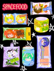 Rule 34 | 2boys, 6+girls, :3, :q, black background, black eyes, black hair, blonde hair, blue eyes, blue hair, blue scarf, blush stickers, can, canned food, character food, creature, drill hair, drink can, drink pouch, english text, flower (vocaloid), flower (vocaloid4), food, food wrapper, hatsune miku, head only, highres, kaai yuki, kagamine len, kagamine rin, kaito (vocaloid), kasane teto, kasane teto (sv), low twintails, multiple boys, multiple girls, one eye closed, red hair, scarf, smile, star-shaped pupils, star (symbol), symbol-shaped pupils, synthesizer v, thumbs up, tongue, tongue out, triangle mouth, twin drills, twintails, utau, vocaloid, voicevox, yaa0, zundamon
