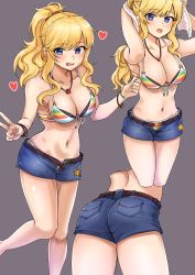 Rule 34 | 1girl, ass, beiske (de skb3), bikini, bikini under clothes, blonde hair, blue eyes, blue shorts, blush, bracelet, breasts, cleavage, commentary request, front-tie bikini top, front-tie top, heart, highres, idolmaster, idolmaster cinderella girls, jewelry, large breasts, long hair, looking at viewer, midriff, multiple views, navel, necklace, ohtsuki yui, open mouth, ponytail, rainbow bikini, short shorts, shorts, side-tie bikini bottom, string bikini, striped bikini, striped clothes, swimsuit, towel, v