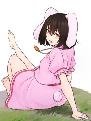 Rule 34 | 1girl, animal ears, arm support, barefoot, black hair, carrot necklace, floppy ears, frilled sleeves, frills, from behind, full body, grass, hair between eyes, highres, inaba tewi, jewelry, kakone, leg up, looking at viewer, necklace, open mouth, pink shirt, pink skirt, rabbit ears, rabbit girl, rabbit tail, red eyes, shirt, short hair, short sleeves, simple background, sitting, skirt, skirt set, smile, solo, tail, touhou, white background