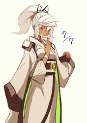 Rule 34 | adapted costume, alternate costume, dark-skinned female, dark skin, guilty gear, guilty gear xrd, hair ornament, japanese clothes, kimono, mouth hold, ponytail, ramlethal valentine, razu (rus), red eyes, solo, white hair