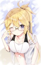 Rule 34 | 1girl, abe suke, bare shoulders, bespectacled, blonde hair, blue nails, blush, breasts, casual one-piece swimsuit, closed mouth, commentary request, fate/grand order, fate (series), fingernails, glasses, glint, hair between eyes, hood, hood down, hooded jacket, jacket, jeanne d&#039;arc (fate), jeanne d&#039;arc (ruler) (fate), jeanne d&#039;arc (swimsuit archer) (fate), jeanne d&#039;arc (swimsuit archer) (second ascension) (fate), large breasts, leaning forward, long hair, long sleeves, looking at viewer, nail polish, off shoulder, one-piece swimsuit, one eye closed, ponytail, purple eyes, signature, solo, swimsuit, whistle, white one-piece swimsuit