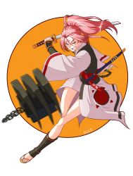 Rule 34 | 1girl, amputee, baiken, chain, claw (weapon), facial tattoo, foreshortening, guilty gear, highres, japanese clothes, katana, kimono, kuso otoko, long hair, one-eyed, pink eyes, pink hair, ponytail, running, sandals, scar, scar across eye, scar on face, solo, sword, tattoo, teeth, toeless legwear, toes, weapon