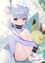 Rule 34 | 1girl, ahoge, bare legs, barefoot, blush, closed mouth, commentary request, creatures (company), day, double bun, game freak, gen 1 pokemon, grey hair, hair bun, hair ornament, hairclip, highres, hugging own legs, indoors, jacket, knees up, long hair, long sleeves, nintendo, original, pikachu, pokemon, pokemon (creature), purple eyes, purple jacket, sitting, sleeves past fingers, sleeves past wrists, solo, sunlight, transparent, tree, tsukiman, very long hair, window