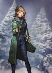 1girl, beanie, blue eyes, blue pants, borrowed character, breasts, brooke (mathias leth), brown hair, coat, commentary, denim, english commentary, feet out of frame, finger gun, fingernails, freckles, green coat, grey scarf, guitar case, hat, instrument case, jeans, lips, long coat, looking at viewer, medium hair, noa ikeda, nose, one eye closed, original, pants, pointing, pointing at viewer, scarf, small breasts, snow, solo, standing, torn clothes, torn jeans, torn pants, turtleneck, winter