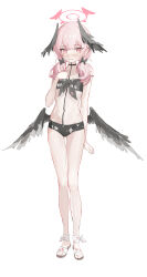Rule 34 | 1girl, absurdres, averting eyes, bikini, black bikini, black choker, black wings, blue archive, choker, closed mouth, commentary, embarrassed, facing viewer, feathered wings, flat chest, floral print, front-tie bikini top, front-tie top, full body, hair over shoulder, halo, hand up, head wings, highres, koharu (blue archive), koharu (swimsuit) (blue archive), long hair, looking ahead, low twintails, low wings, luozhou pile, official alternate costume, pink eyes, pink hair, pink halo, print bikini, simple background, solo, standing, swimsuit, tattoo, twintails, white background, wings