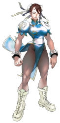 Rule 34 | 1girl, absurdres, arms at sides, black pantyhose, boots, bracelet, breasts, brown hair, bun cover, capcom, china dress, chinese clothes, chun-li, cross-laced footwear, double bun, dress, earrings, full body, grey eyes, hair bun, highres, jewelry, lace-up boots, large breasts, legs, lips, long legs, pantyhose, pelvic curtain, puffy short sleeves, puffy sleeves, sammohung, sash, short hair, short sleeves, simple background, solo, spiked bracelet, spikes, street fighter, stud earrings, thick thighs, thighs, white background