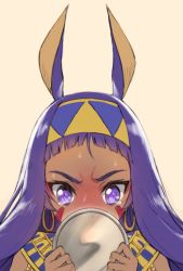 Rule 34 | 1girl, alternate hairstyle, animal ears, blunt bangs, blush, commentary, dark-skinned female, dark skin, earrings, embarrassed, english commentary, facial mark, fate/grand order, fate (series), forehead, frown, grey background, hairband, highres, holding, hoop earrings, jackal ears, jewelry, long hair, mirror, nitocris (fate), nose blush, purple eyes, purple hair, simple background, solo, sweat, nervous sweating, tearing up, tears, tonee