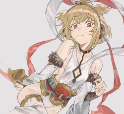 Rule 34 | 1girl, andira (granblue fantasy), animal ears, backless leotard, bare shoulders, blonde hair, breast awe, breasts, choker, closed mouth, collarbone, detached sleeves, granblue fantasy, grey background, groin, hagoromo, hairband, hashibiro kou (garapiko p), head tilt, highres, leotard, monkey ears, red eyes, shawl, short hair, sideboob, simple background, sitting, small breasts, smile, solo, thighhighs, two side up, white leotard, wide sleeves