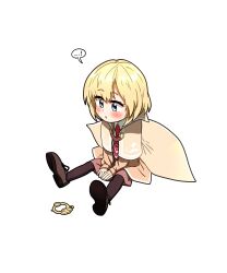 Rule 34 | 1girl, blonde hair, blue eyes, blush, bob cut, capelet, coat, ddolbang, hair ornament, highres, hololive, hololive english, long sleeves, necktie, open mouth, shirt, short hair, simple background, sitting, skirt, solo, trench coat, virtual youtuber, watson amelia, white background, white shirt