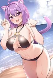 Rule 34 | 1girl, :d, absurdres, animal ears, beach, bikini, black bikini, blue sky, blush, breasts, cat ears, cat girl, cat tail, cloud, commentary request, day, fang, fingernails, hair between eyes, highres, hololive, large breasts, looking at viewer, nekomata okayu, o-ring, o-ring bikini, o-ring top, ocean, open mouth, outdoors, paw pose, purple eyes, purple hair, sand, short hair, sky, smile, solo, suzutarou gunsou, swimsuit, tail, thighs, virtual youtuber, wet