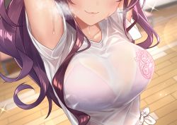 Rule 34 | 1girl, :3, arms up, baffu, blurry, blush, bra, bra visible through clothes, breasts, closed mouth, collarbone, depth of field, emblem, facing viewer, head out of frame, highres, ichinose shiki, idolmaster, idolmaster cinderella girls, indoors, large breasts, lips, long hair, pink bra, purple hair, see-through, shirt, short sleeves, solo, sparkle, steaming body, sweat, tied shirt, underwear, wet, wet clothes, wet shirt, white shirt, wooden floor
