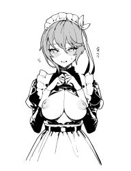 Rule 34 | 1girl, apron, azur lane, bellona (armed to clean) (azur lane), bellona (azur lane), blush, bow, breasts, breasts out, check commentary, clothing cutout, commentary, commentary request, dress, embarrassed, eyes visible through hair, fidgeting, greyscale, hair between eyes, hairband, highres, inverted nipples, juliet sleeves, large breasts, long sleeves, looking at viewer, maid, maid apron, maid headdress, monochrome, nervous smile, official alternate costume, ohisashiburi, open mouth, original, puffy sleeves, short hair, sidelocks, simple background, skirt, smile, solo, standing, sweat, sweatdrop, tsurime, underboob, underboob cutout, white background