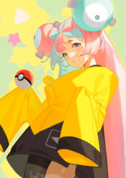 Rule 34 | 1girl, absurdres, blurry, character hair ornament, commentary request, creatures (company), eyelashes, game freak, green hair, grin, hair ornament, highres, iono (pokemon), jacket, long hair, looking down, multicolored hair, nintendo, pink hair, poke ball, poke ball (basic), pokemon, pokemon sv, sannye, single leg pantyhose, sleeves past fingers, sleeves past wrists, smile, solo, star (symbol), teeth, two-tone hair, yellow jacket