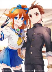 Rule 34 | 1boy, 1girl, :p, ace attorney, antenna hair, apollo justice, athena cykes, black gloves, black thighhighs, blue eyes, blue ribbon, blue sailor collar, blue skirt, blush, bracelet, brown hair, classroom, cowboy shot, crescent, crescent earrings, earrings, gloves, hair between eyes, hair ribbon, highres, holding another&#039;s arm, jewelry, long hair, looking at viewer, midriff, necklace, official alternate costume, orange hair, partially fingerless gloves, phoenix wright: ace attorney - dual destinies, pleated skirt, ribbon, sailor collar, sailor shirt, sano (merrymerry), school uniform, shirt, short hair, side ponytail, sidelocks, single earring, single glove, skirt, thighhighs, tongue, tongue out, white shirt, zettai ryouiki