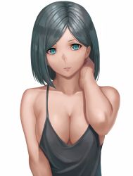 Rule 34 | 1girl, bare shoulders, black hair, blue eyes, breasts, camisole, cleavage, hand on own neck, large breasts, looking at viewer, no bra, original, parted lips, ranma (kamenrideroz), short hair, simple background, solo, tank top, upper body, white background