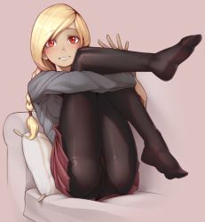 Rule 34 | 1girl, blonde hair, blush, braid, braided ponytail, breasts, brown background, commentary, couch, dark-skinned female, dark skin, english commentary, feet, full body, gravity daze, grey shirt, highres, hugging own legs, kitten (gravity daze), knees to chest, knees together feet apart, knees up, legs, legs together, legs up, long hair, long sleeves, looking at viewer, medium breasts, nickleflick, no shoes, pantyhose, pillow, pleated skirt, red eyes, red skirt, revision, school uniform, shirt, simple background, sitting, skirt, solo