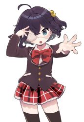 Rule 34 | 1girl, ahoge, bad id, bad twitter id, black hair, black thighhighs, blazer, blue eyes, bow, bowtie, chuunibyou demo koi ga shitai!, commentary request, contrapposto, cowboy shot, eden (e2kay), eyepatch, highres, jacket, korean commentary, looking at viewer, medical eyepatch, one side up, plaid, plaid skirt, reaching, reaching towards viewer, red bow, red bowtie, red skirt, school uniform, short hair, simple background, skirt, solo, standing, takanashi rikka, thighhighs, white background