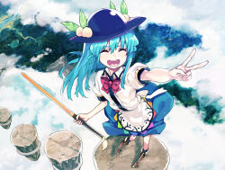 Rule 34 | 1girl, above clouds, blue hair, cloud, closed eyes, floating rock, food, from above, fruit, hat, hinanawi tenshi, long hair, open mouth, peach, puffy short sleeves, puffy sleeves, shirt, short sleeves, skirt, smile, solo, subachi, sword of hisou, touhou, v, very long hair