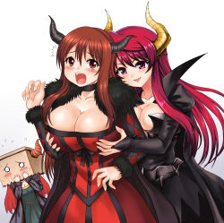Rule 34 | 10s, 3girls, argyle, bag, bag over head, black dress, blush, grabbing another&#039;s breast, breasts, bridal gauntlets, brown eyes, brown hair, choker, cleavage, demon girl, demon horns, dress, dual persona, grabbing, horns, huge breasts, large breasts, long hair, maou (maoyuu), maoyuu maou yuusha, multiple girls, multiple persona, open mouth, paper bag, red dress, red eyes, red hair, white background, y.ssanoha