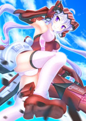 Rule 34 | 10s, 1girl, ahoge, armpits, ass, bare shoulders, blush, bodysuit, breasts, cleavage, cloud, english text, female focus, from below, gatling gun, grin, gun, highres, lens flare, light purple hair, long hair, looking at viewer, motion blur, panties, pointing, purple eyes, quad tails, senki zesshou symphogear, shoes, sky, smile, solo, sooichi (diabolicemission), teeth, thighhighs, twintails, underwear, weapon, white panties, yukine chris