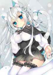 Rule 34 | 1girl, :3, animal ears, black skirt, blush, braid, breasts, capelet, cat ears, cat girl, cat tail, cleavage, dutch angle, frilled thighhighs, frills, hair between eyes, hair ornament, hand on own chest, hand up, impossible clothes, large breasts, looking at viewer, original, outstretched hand, satsuki mayuri, silver hair, single braid, sitting, skirt, snow, solo, tail, thighhighs, wariza, white thighhighs, x hair ornament