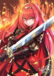 Rule 34 | 1girl, absurdres, alear (female) (fire emblem), alear (fire emblem), armor, artist name, black cape, cape, closed mouth, commentary request, crossed bangs, fiery background, fire, fire emblem, fire emblem engage, hair between eyes, highres, holding, holding sword, holding weapon, long hair, nintendo, red cape, red eyes, red hair, sofusan1526, solo, sparkle, sword, tiara, twitter username, two-sided cape, two-sided fabric, two-tone cape, v-shaped eyebrows, weapon