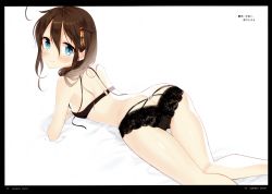 Rule 34 | 1girl, absurdres, ahoge, ass, bare shoulders, bed sheet, black bra, black panties, blue eyes, blush, bra, braid, breasts, brown hair, butt crack, closed mouth, hair between eyes, hair flaps, hair ornament, highres, kantai collection, lingerie, long hair, looking at viewer, looking back, lying, medium breasts, naoto (tulip), on stomach, page number, panties, scan, shigure (kancolle), shigure kai ni (kancolle), shiny skin, simple background, single braid, solo, thighs, underwear, underwear only, white background
