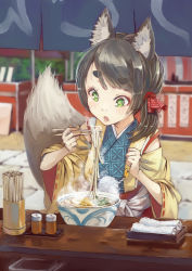 Rule 34 | 1girl, animal ear fluff, animal ears, blush, bowl, brown eyes, chopsticks, clenched hand, detached sleeves, eating, eyebrows, food, food stand, fox ears, fox tail, green eyes, heart, heart-shaped pupils, hikimayu, holding, japanese clothes, noodles, noren, obi, open mouth, original, pom pom (clothes), ramen, ribbon-trimmed sleeves, ribbon trim, sash, short hair, short ponytail, side ponytail, solo, steam, suzuno (bookshelf), symbol-shaped pupils, tail, towel, udon, traditional youkai