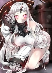 Rule 34 | 10s, 1girl, abyssal ship, all fours, bare shoulders, bottomless, breasts, claws, colored skin, detached sleeves, dress, female focus, glowing, glowing eyes, horns, kantai collection, large breasts, long hair, looking at viewer, machinery, nironiro, pale skin, pink eyes, ribbed dress, ribbed sweater, seaport princess, short dress, single horn, solo, sweater, sweater dress, thighs, very long hair, white background, white hair, white skin