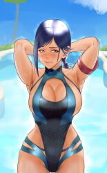 1girl armband armpits arms_behind_head blue_eyes blue_hair blush breasts cleavage_cutout clothing_cutout competition_swimsuit cowboy_shot dead_or_alive dead_or_alive_xtreme dead_or_alive_xtreme_venus_vacation one-piece_swimsuit pool reika_(doa) reimei33 sideboob skindentation swimsuit tagme