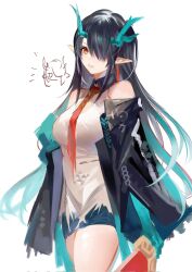 Rule 34 | 1girl, bare shoulders, black hair, blue hair, breasts, colored inner hair, cowboy shot, female focus, grin, hair over one eye, highres, holding, holding weapon, horns, jacket, kurokuroooi, large breasts, looking at viewer, multicolored hair, necktie, red eyes, red necktie, shirt, shorts, sidelocks, simple background, slit pupils, smile, solo, standing, sword, teeth, torn clothes, torn necktie, torn shirt, weapon, white background, white hair