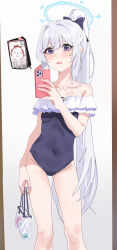 Rule 34 | 1girl, absurdres, bare arms, bare legs, bare shoulders, black one-piece swimsuit, blue archive, blue halo, blush, cellphone, covered navel, doodle sensei (blue archive), feet out of frame, frilled one-piece swimsuit, frills, grey hair, gubbi on, halo, highres, holding, holding phone, long hair, looking at viewer, miyako (blue archive), miyako (swimsuit) (blue archive), official alternate costume, one-piece swimsuit, open mouth, phone, ponytail, purple eyes, sensei (blue archive), smartphone, solo, swimsuit